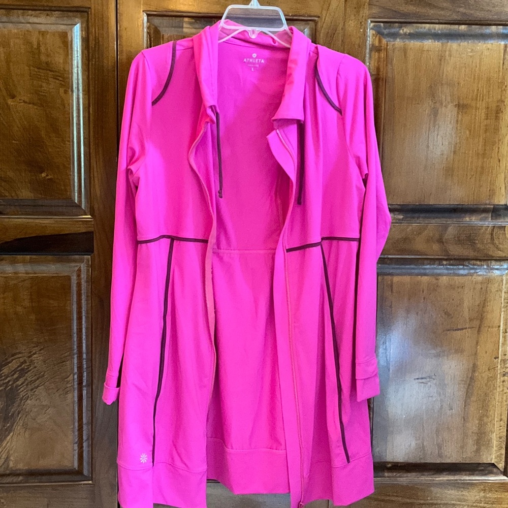 Athleta Hot Pink Longline Zip Hoodie with Black Piping